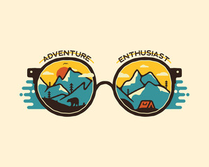 Camping badge illustration design. Outdoor logo with quote - Adventure enthusiast, for t shirt. Included retro mountains, bear and tent. Unusual hipster style patch. Stock vector isolated