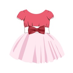 Fashionable dress pattern for little girls. Festive clothes for babies. Baby suit. Princess. Tulle skirt. Pink color. Vector illustration isolated on a white background..