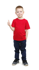 boy in red t-shirt showing thumbs up