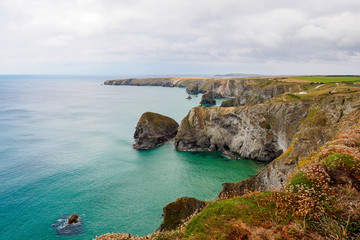 High angle view of the Bedruthan Steps Cliff in Cornwall, South England