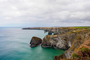 High angle view of the Bedruthan Steps Cliff in Cornwall, South England