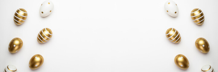 Easter basket. Colorful shine decorated eggs in basket isolated on white background. Greeting card trendy design