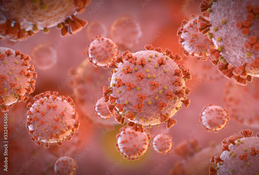 Poster 3d rendering of the coronavirus on a microscopic level. microscope close-up of the covid-19 disease.