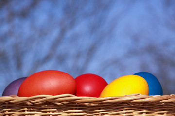 Easter eggs colors in basket blurred background