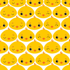 Cute vector illustration with spring chicken. Seamless pattern. Background. Adorable cartoon faces. Easter theme. For design, print on fabric, wallpaper, children's decor.