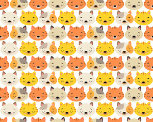 Cute vector illustration with cats of different breeds. Seamless pattern. Background. Adorable cartoon pets faces. For design, print on fabric, wallpaper, children's decor.