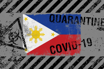 Flag of Philippines on grunge styled background with COVID-19 and QUARANTINE symbols on it. Novel Coronavirus (2019-nCoV) concept, for an outbreak occurs in Philippines.