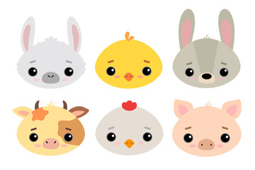 Set of cute vector illustrations in flat style isolated on white background. Farm animals and birds. Llama or alpaca, duck, rabbit, cow, chicken, pig in cartoon style. For design and children's decor.