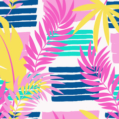 Tropical palm leaf on geometrical   background. Vector  abstract illustration for textile, print, wallpapers, wrapping.