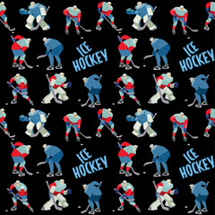 Ice Hockey seamless hand drawn pattern players and lettering.