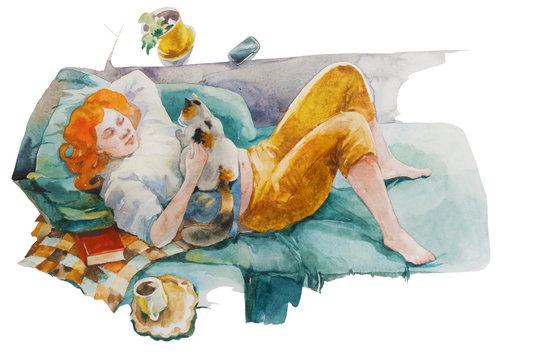 young woman chilling on a sofa with a cat, sitting on her belly, book and coffee cup. Original watercolor illustration of stay at home concept