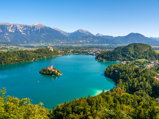 Aerial view on the Pilgrimage Church of the Assumption of Maria on the Lake Bled