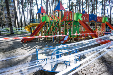 children's playground is quarantined due to coronavirus covid-19, Ukraine, Kiev, march 2020