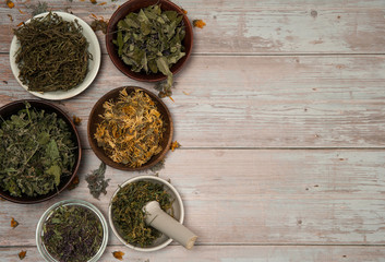 Phytotherapy. Composition of dry herbs for herbal medicine. Border of various dried herbs in cups on a light wooden background. Free space.
