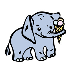 Cute baby elephant is holding an ice cream cone. Vector illustration in cartoon style. Isolated on a white background.
