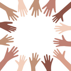 Fototapeta premium Hands up vector illustration with different skin colors. Raised hands vector concept. Volunteering charity, votes and donation. Frame with hands