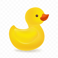 Realistic yellow rubber duck toy. Adorable duckling. 