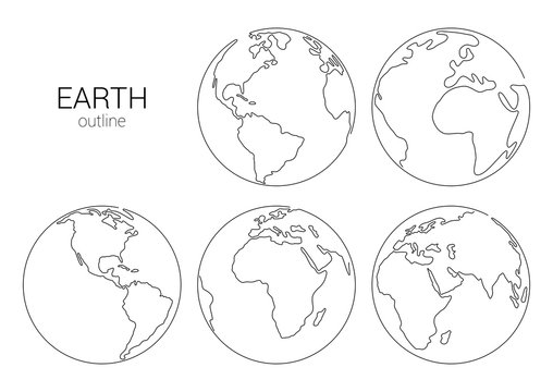 Outline hand drawn Earth set. Vector Illustration. Planet earth isolated on white background. Planet set for logo, cards, banners. Earth globe, one line drawing of world map