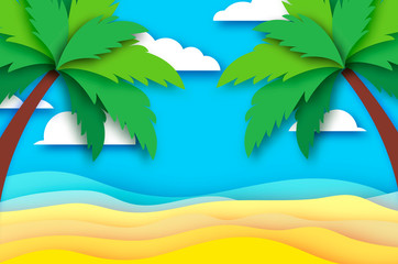 Fototapeta na wymiar Seaside landscape in paper cut style. Nobody under the green palm trees on Seashore. Time to travel. Tropical beach. Summer holidays. Noboody.