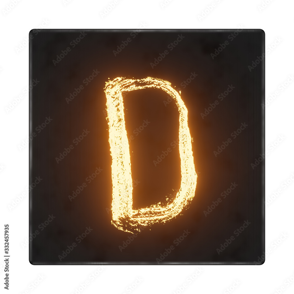 Fototapete english letter d. the letters in the form of hot metal in a dark box with tecture. 3d render.