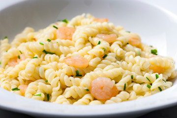 fusilli pasta with prawns and chive