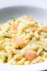 fusilli pasta with prawns and chive