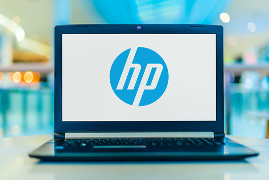 Laptop computer displaying logo of HP