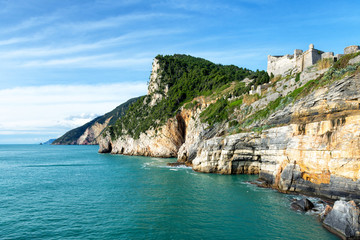 Panorama of the Cinque Terre National Park coastline from Portovenere
