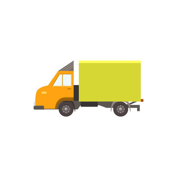 Cartoon yellow delivery truck. Icon isolated on white background. Vector illustration