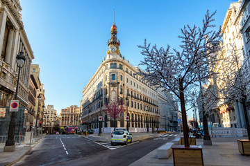  The central street of the capital of Spain - Madrid, deserted Madrid