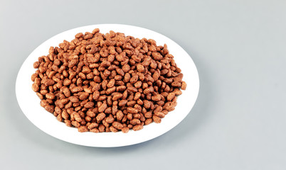 Breakfast with chocolate rice, top view. Space for text