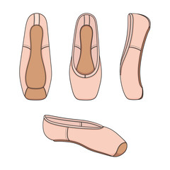 Set of color illustrations with pointe shoes, ballet shoes. Isolated vector objects on a white background.