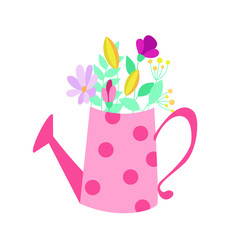 Flowers in pink watering can isolated on white background.