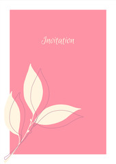 Minimalistic pink invitation. Сard with leaf print.