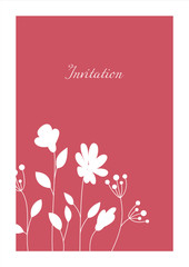 Minimalistic red invitation. Сard with white floral pattern.