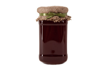 Jar of jam on white background with canvas and ribbon. Product Homemade. Mockup