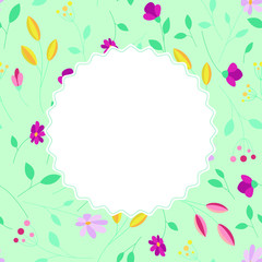 Fototapeta na wymiar Vector green card with a floral bright pattern. Space for text