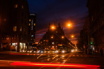 Night Prague. A view of the city and the tram