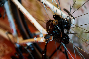 Home bike repair. Preparing for the bike season after winter. Close up shot parts.