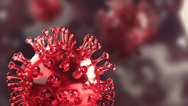 Super closeup Coronavirus COVID-19 in human body background. Science microbiology concept. Purple Corona virus outbreak epidemic. Medical health virology infection research. 3D illustration render