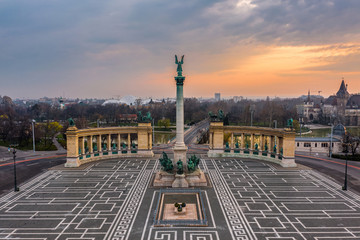 Budapest, Hungary - Aerial view of the totally empty Heroes' Square during the 2020 Coronavirus...