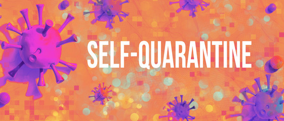 Self-quarantine theme with viruses and viral objects on flatlay overhead background