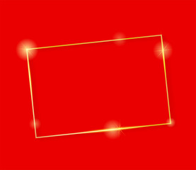 Gold shiny glowing vintage frame with shadows isolated on red background. Golden luxury realistic rectangle border. Vector