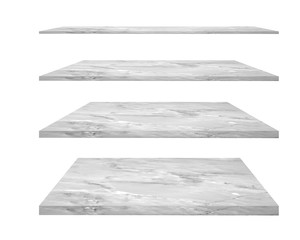 Isolated collection empty top of  perspective luxury white gray granite marble shelves on white background use for showing product advertisement. Clipping path.