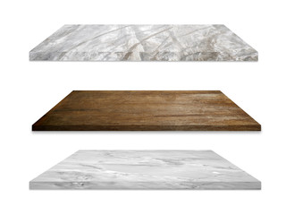 collection of brown wooden and granite marble shelves on isolated white background. Objects with Clipping Paths. use for showing product advertisement design work