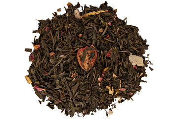Black tea with fruits on a white background. Top View