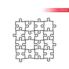 Puzzle, jigsaw tiling four puzzle pieces thin line vector icon. Editable stroke.