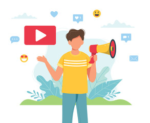 Video blogger making announcement with megaphone. Different social media icons. Cute vector illustration in flat style