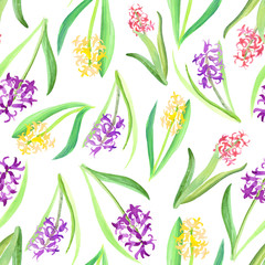 Seamless pattern of pink yellow purple Hyacinth flowers and leaves. Spring watercolor illustration in pastel shades isolated on white background. Fresh, bright hand painted hyacinths plants design