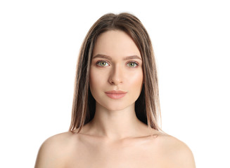 Portrait of young woman with beautiful face on white background